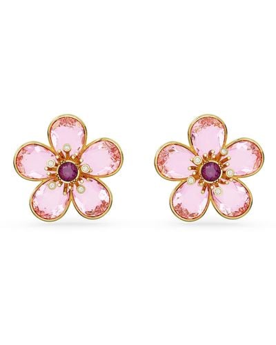 Swarovski Florere Pierced Earrings With Pink Flower Motif On Gold-tone Finished Settings