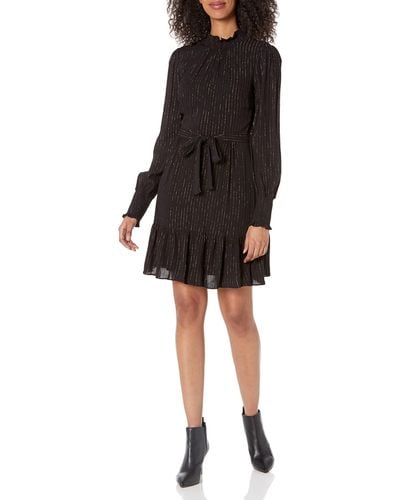 Tommy Hilfiger Ruffle Tie Neck Collar Fit And Flare Dress - Black