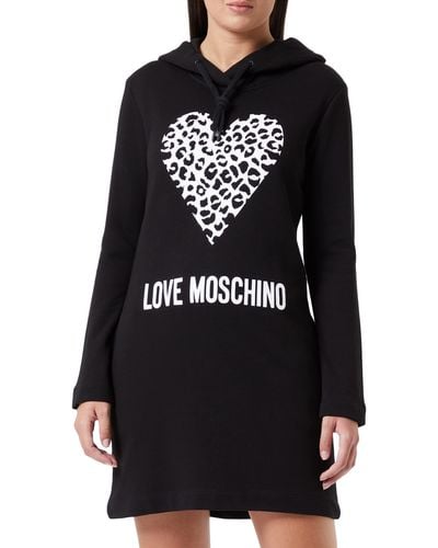 Love Moschino Regular Fit Long Sleeves With Hoodie in 100% Cotton Fleece Dress - Schwarz