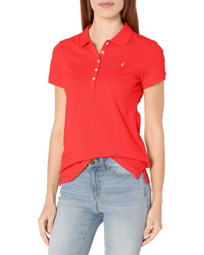 Nautica Womens 5-button Short Sleeve Breathable 100% Cotton Polo Shirt - Red