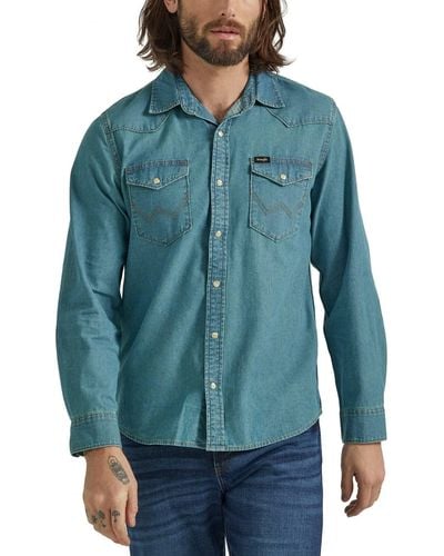 Wrangler Iconic Denim Regular Fit Snap Shirt Hemd mit Button-Down-Kragen - Blau