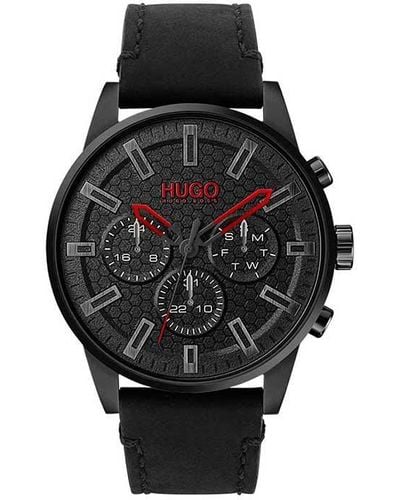 HUGO Analog Quarz Uhr mit Leder Armband 1530149 - Schwarz