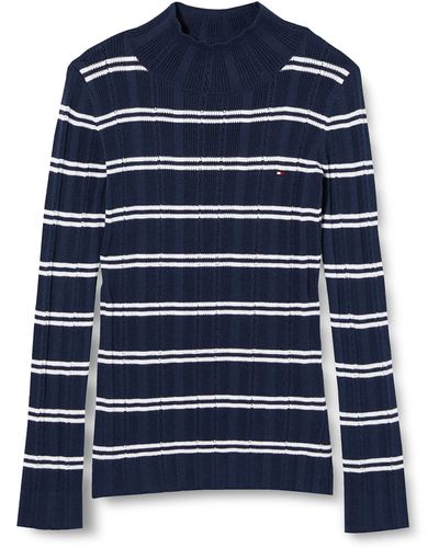 Tommy Hilfiger Pointelle Stripe Turtle Neck Sweater - Blauw