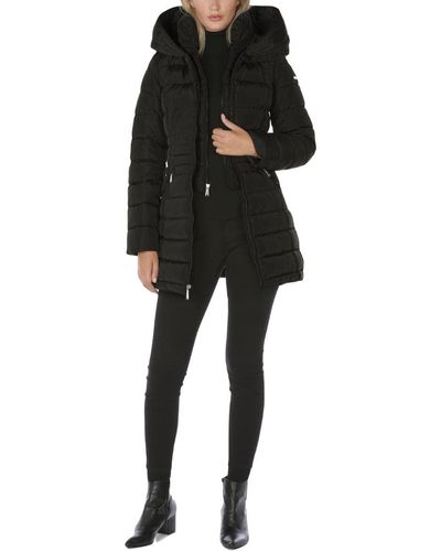 Laundry by Shelli Segal 3/4 Puffer Jacket With Hood And Velvet Trim - Black