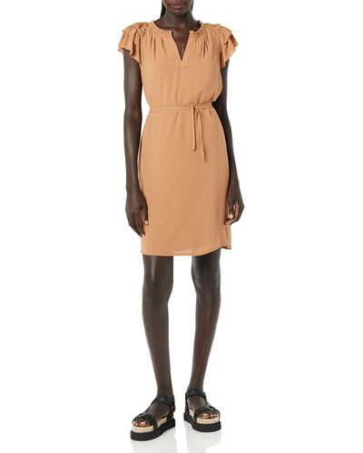 Amazon Essentials Relaxed Fit Lightweight Georgette Split Neck Flutter Sleeve Shift Dress - Natural