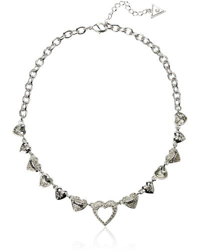 Guess Silvertone Pave Crystal Glass Stone Heart Chain Necklace - Metallic