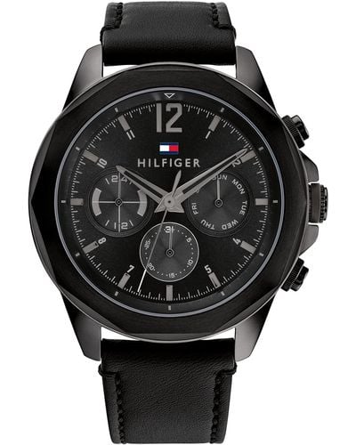 Tommy Hilfiger Multifunction Stainless Steel Case And Leather Strap Watch - Black