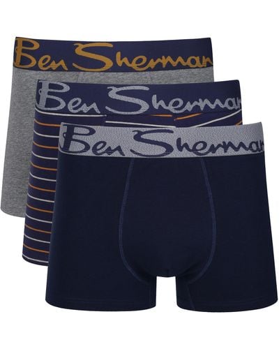 Ben Sherman Boxer Shorts in Blue/Stripe/Grey | Cotton Trunks with Elasticated Waistband - Bleu