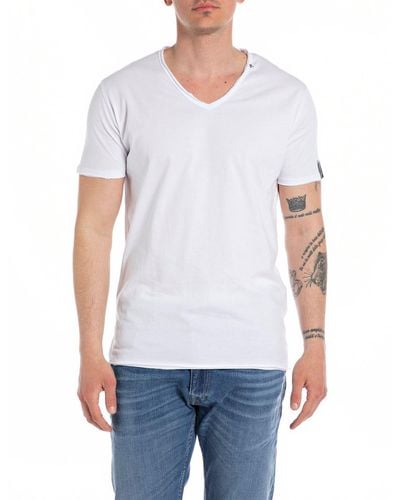 Replay T-Shirt à ches Courtes avec Col en V pour - Blanc