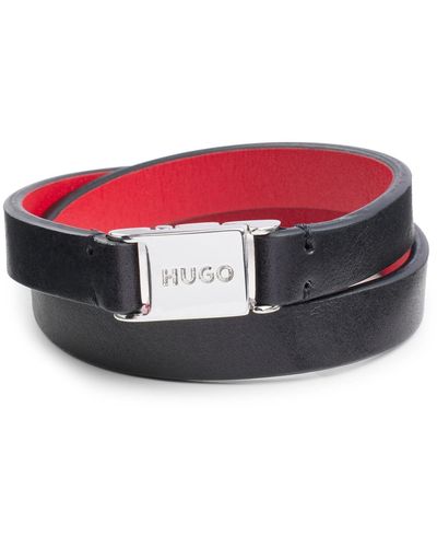HUGO E-DOUBLEBAND-BRA Doppeltes Armband aus italienischem Leder mit Logo-Verschluss Schwarz Stck - Rot