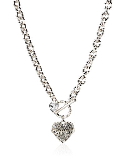 Guess Pave Heart with Logo Banner Pendant Toggle Necklace - Mettallic