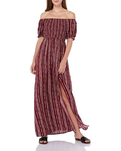 FIND Casual Summer off Shoulder Floral Maxi Dress Short Sleeve Side Split Sundress - Rosso