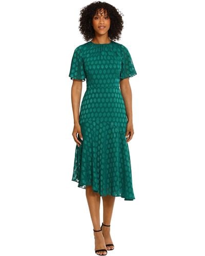 Maggy London Short Flutter Sleeve Fit And Flare Dress With Asymmetric Hem Tier - Green