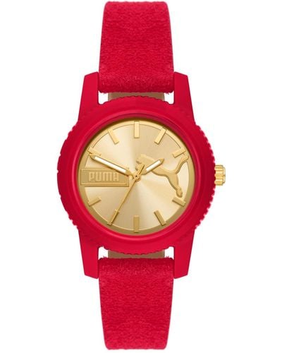 PUMA Ultrafresh Three-hand Red Suede Leather Watch