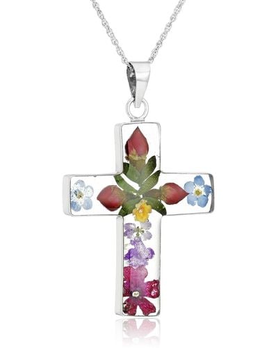 Amazon Essentials Amazon Collection Sterling Silver Pressed Flower Multi-colored Cross Pendant Necklace - White