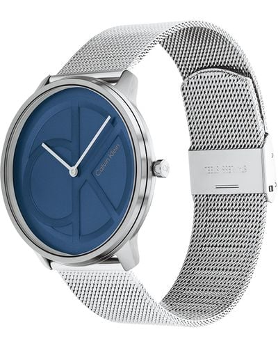 Calvin Klein Reloj Analógico de Cuarzo Unisex con Correa de Malla de Acero Inoxidable Plateada - 25200031 - Azul