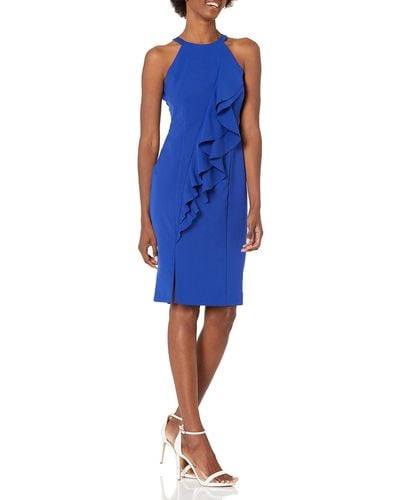 Vince Camuto Crepe Halter Neck Bodycon Dress With Front Rufflfe - Blue