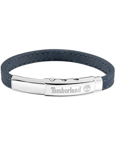 Timberland AMITY TDAGB0001604 Bracelet pour homme en acier inoxydable argenté et cuir bleu foncé Longueur : 18 cm + 10 cm