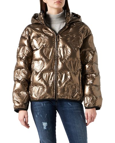 Love Moschino Short Padded Jacket in Logo Thermo Quilted Nylon with Detachable Hood Giacca - Marrone