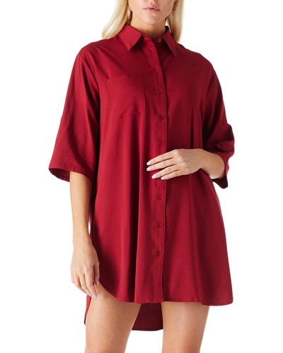 FIND Casual Half Sleeve Button Down Mini Shirt Dress Plus Size V Neck Tunic Blouses Tops With Pockets - Red