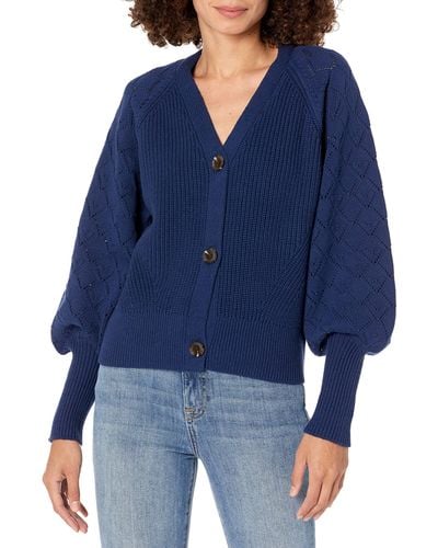 The Drop Divya Pointelle Full Sleeve Cardigan Sweater - Blue