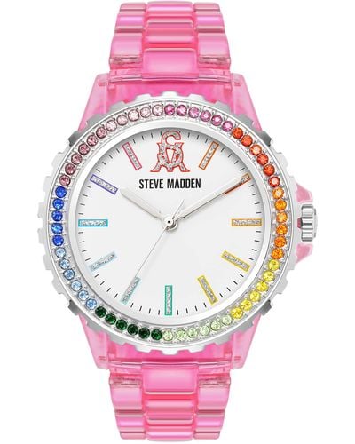 Steve Madden Genuine Crystal Accented Resin Bracelet Watch - Pink