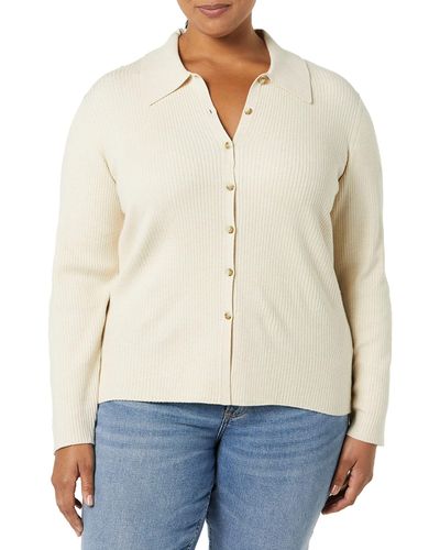 Amazon Essentials Fine Gauge Stretch Polo Ribbed Cardigan - Natural