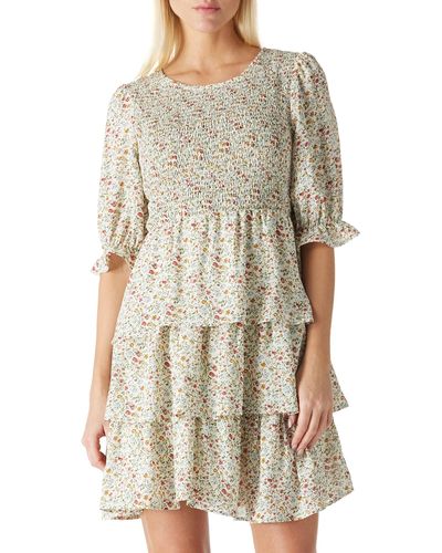 FIND Kleid Sommerkleid mit Blumenmotiv Gesmokt Partykleid Strandkleid Halber Arm Lagenförmiges Rüschenkleid lässig - Mehrfarbig