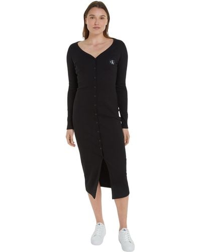 Calvin Klein Kleid Label Long Sleeve Rib Dress Langarm - Schwarz
