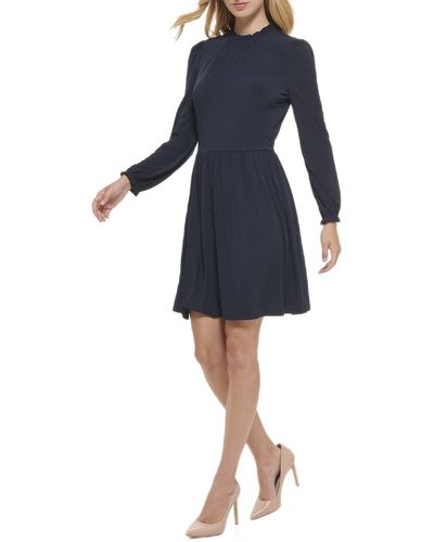 Tommy Hilfiger Womens Shift Jersey Long Sleeve Ruffle Neck Dress - Blue