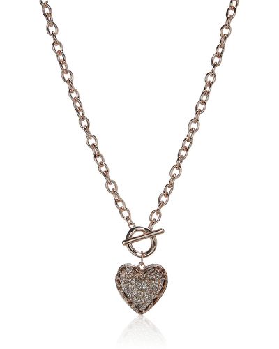 Guess Rose Gold-tone Pave Crystal Glass Stone Heart Pendant Toggle Necklace - Metallic