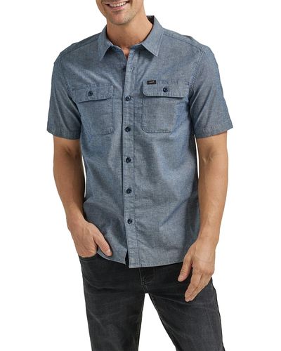 Lee Jeans Extreme Motion All Purpose Classic Fit Short Sve Button Down Worker Shirt - Blue