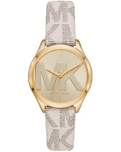 Michael Kors MK2861 Gold Tone Dial Cream White Leather Logo Band Jaycie Three-Hand 33MM Watch - Mettallic
