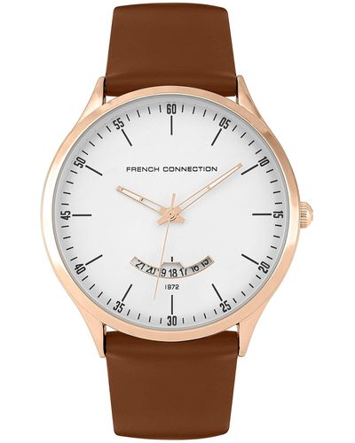 French Connection Analogue Quartz Watch With Leather Strap Fc143t - Brown