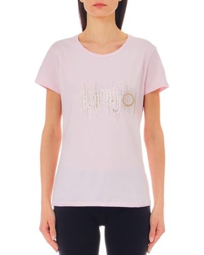 Liu Jo T shirt donna con logo in strass rosa ES24LJ06 TA4246 JS003 M - Lila