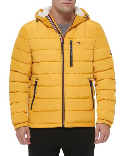 Tommy Hilfiger Midweight Sherpa Lined Hooded Water Resistant Puffer Jacket - Yellow