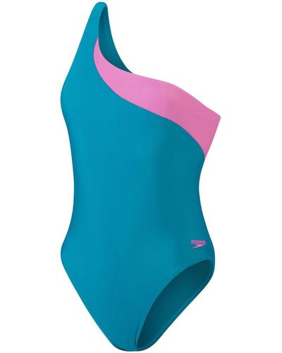 Speedo Asymetric 1 Piece Green Pink Swimsuit Swimming Costume - Blue