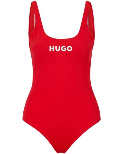 HUGO Besonders elastischer Badeanzug mit Kontrast-Logo - Rot