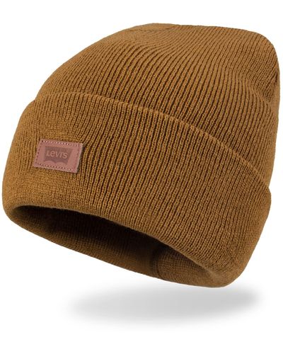 Levi's Adult All Season Comfy Leather Logo Patch Cuffed Hero Beanie Hat - Brown