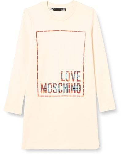 Love Moschino Coupe Droite à ches Longues avec Logo à Carreaux et imprimé Brillant Robe - Neutre