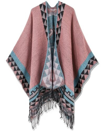 HIKARO Retro Style Poncho Cape Boho Shawl Wraps Ruana Printed Tassel Cardigan For Spring Fall Winter - Multicolour