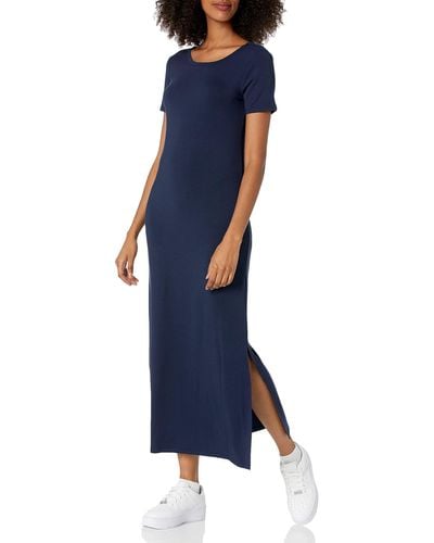 Amazon Essentials Daily Ritual Jersey Ronde Hals Maxi-jurk Met Korte Mouwen Met Zijsplitten Casual - Blauw
