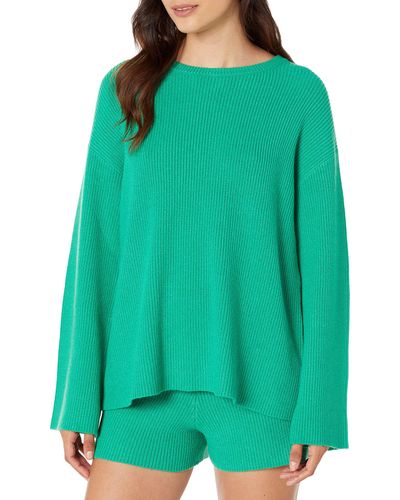 The Drop Alice Jersey Acanalado con Cuello Redondo y Abertura en la Espalda Pullover-Sweaters - Verde