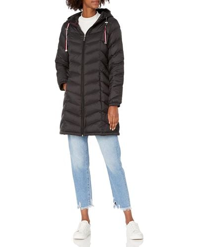Tommy Hilfiger Mid-length Puffer Hooded Down Jacket With Drawstring Packing Bag - Black