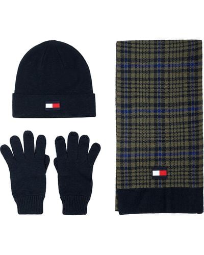 Tommy Hilfiger Plaid Cuff Hat Scarf And Glove Set Beanie - Blue