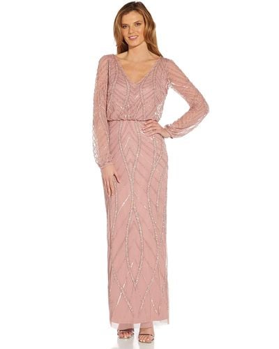 Adrianna Papell Long Sleeve Beaded Blousson Evening Gown With V Neckline - Pink