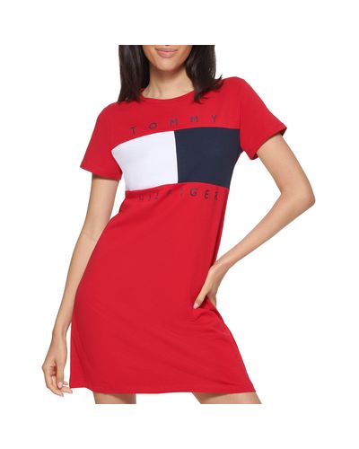Tommy Hilfiger T-shirt Short Sleeve Cotton Summer Dresses For - Red