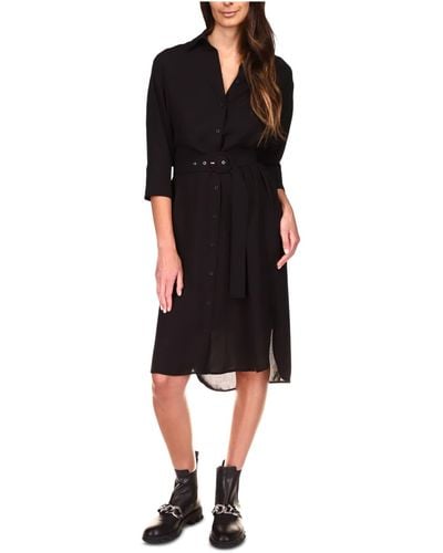 Michael Kors S Black Belted Solid 3/4 Sleeve Collared Midi Shirt Dress Dress Us