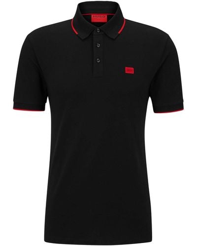 HUGO S Deresino232 Cotton-piqué Slim-fit Polo Shirt With Red Logo Label - Black