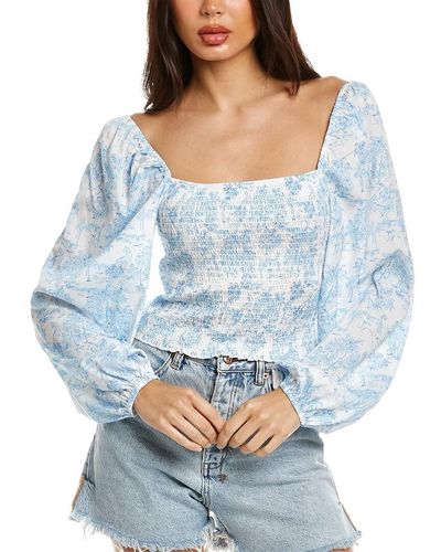 BCBGeneration Square Neck Crop Puff Sleeve Smocked Top - Blue